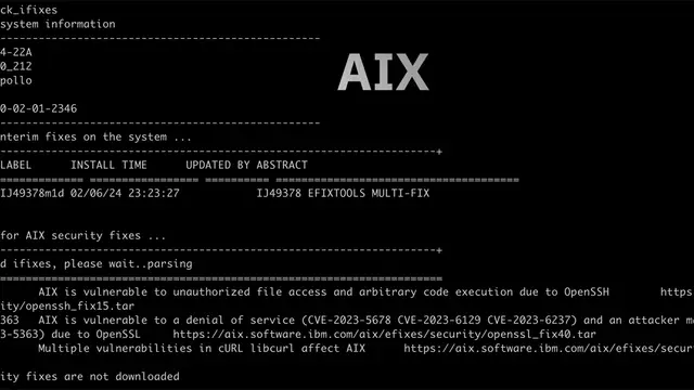 Captura de pantalla de una terminal de IBM AIX 7.3 mostrando comandos del sistema Unix de IBM