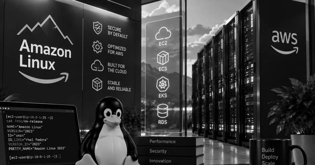Ilustración de Amazon Linux: un pingüino Tux junto a un portátil con la salida de /etc/os-release, iconos de EC2, ECS, EKS y RDS y racks de servidores de AWS