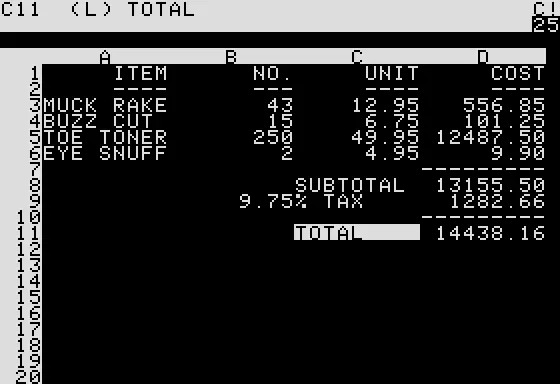 Captura de VisiCalc ejecutándose en un Apple II, en verde sobre negro