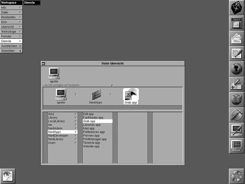 Captura del escritorio de NeXTSTEP, el sistema operativo de NeXT basado en Mach y BSD