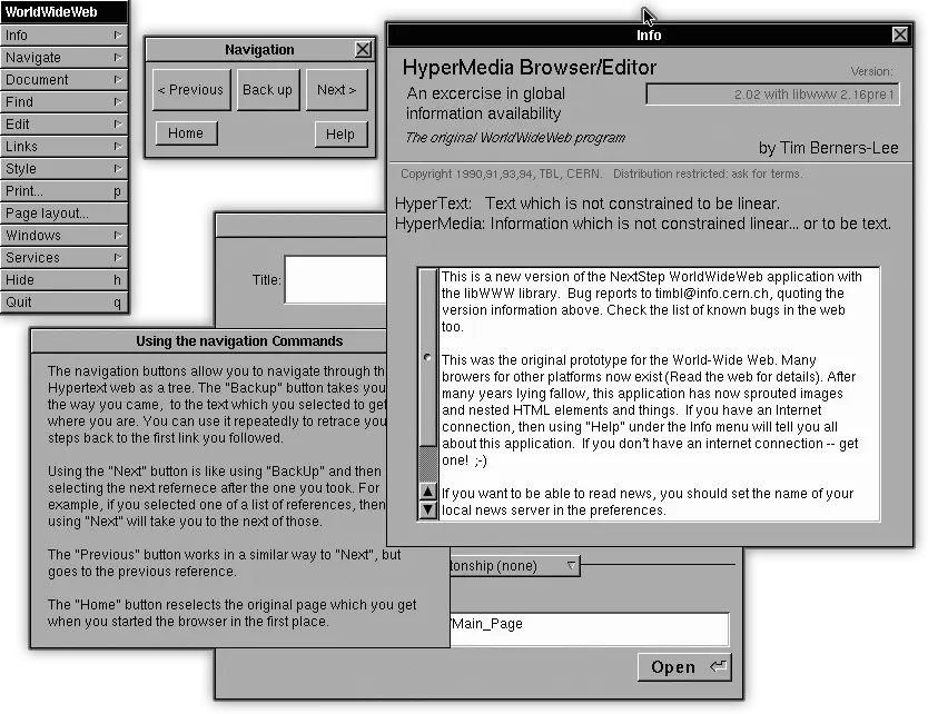 Captura del navegador WorldWideWeb, el primer navegador web, ejecutándose sobre NeXTSTEP