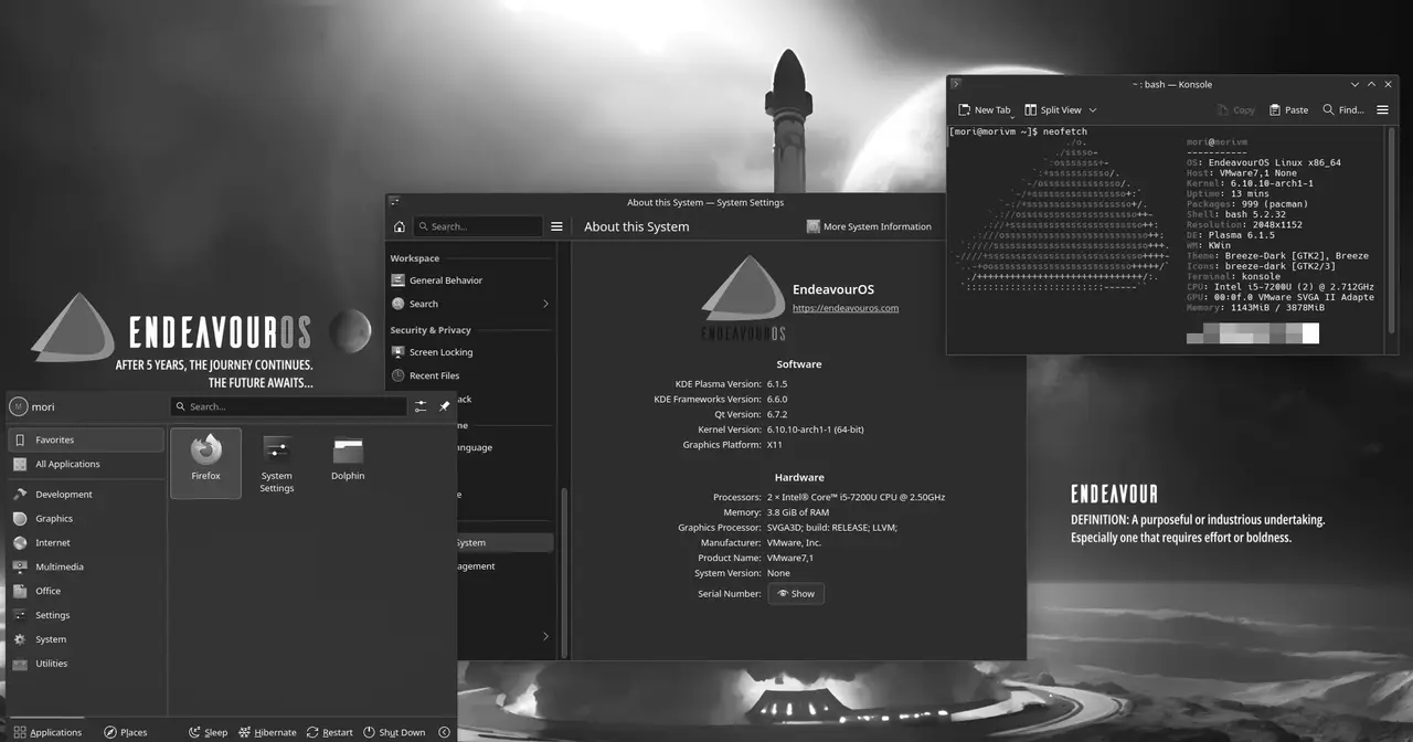 Captura del escritorio de EndeavourOS en una versión Neo reciente