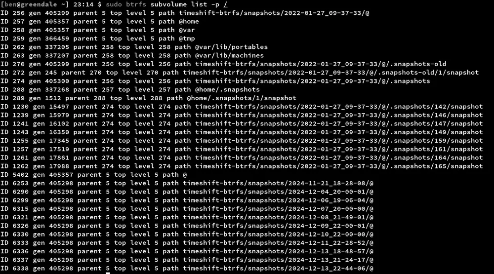 Diagrama de subvolúmenes e instantáneas (snapshots) en Btrfs con copy-on-write