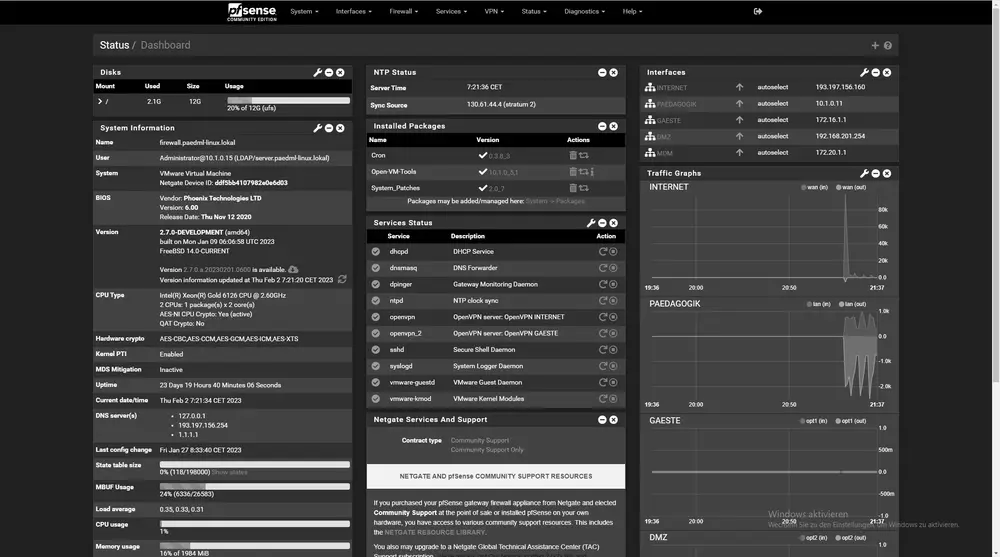 Panel de control de la interfaz web de pfSense 2.7.0, el cortafuegos construido sobre FreeBSD
