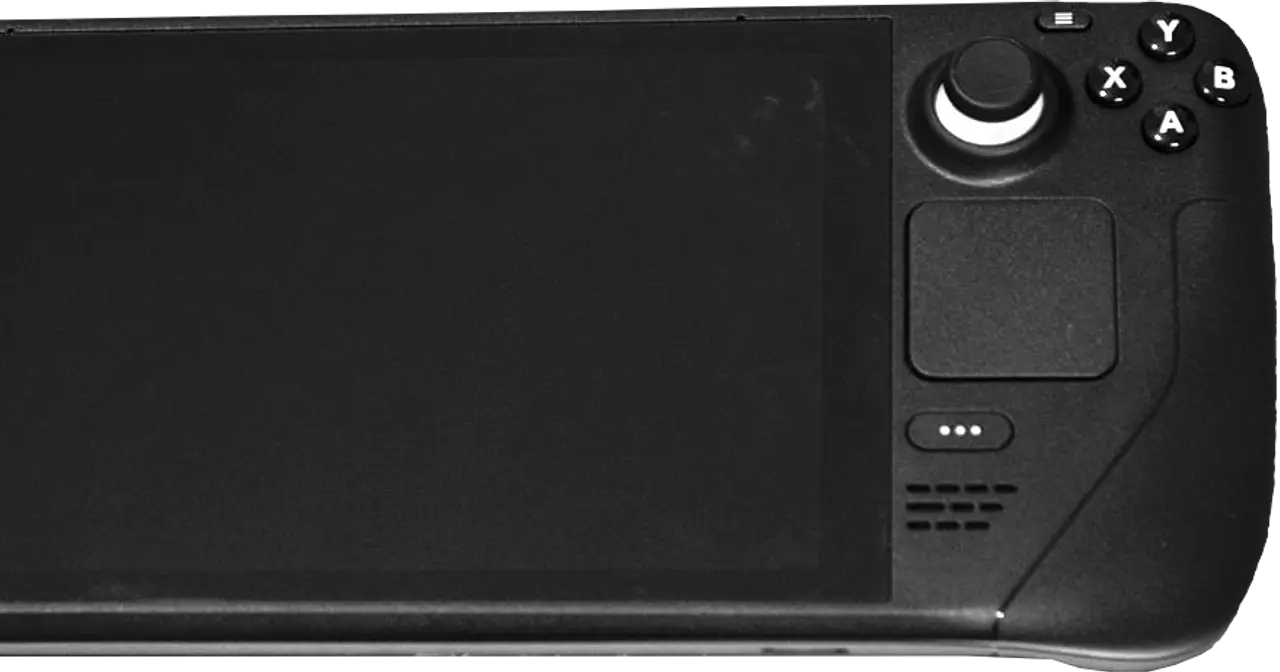 Vista frontal de la videoconsola portátil Steam Deck de Valve