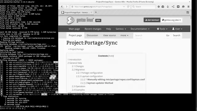 Escritorio GNOME de Gentoo con una terminal que muestra la sincronización de Portage y la salida de eix-diff, y Firefox abierto en la página Project:Portage/Sync de la wiki de Gentoo