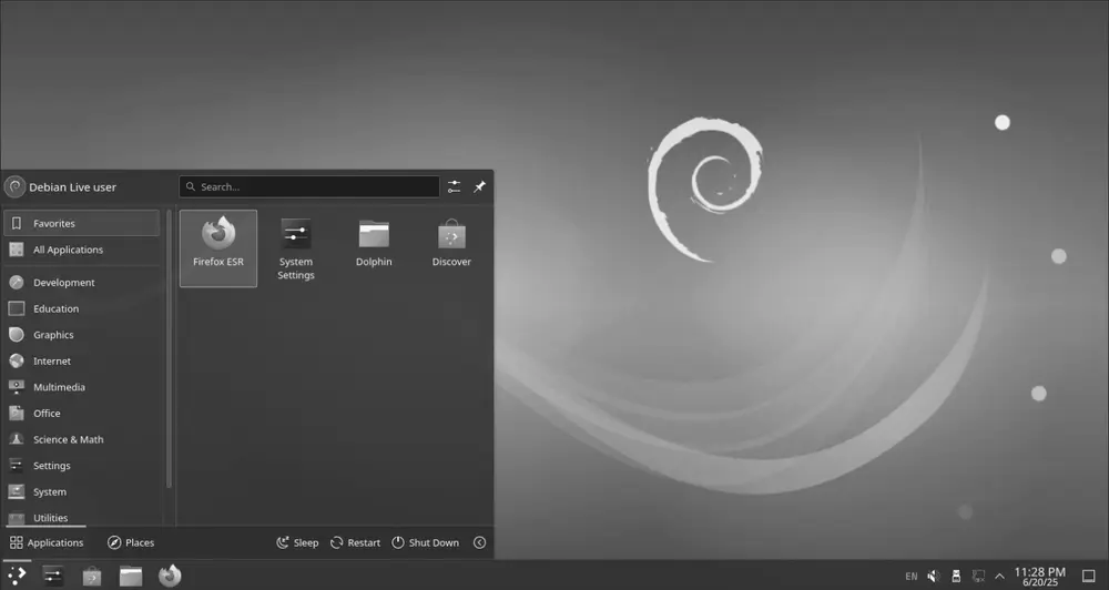 Captura del escritorio KDE Plasma con el menú de aplicaciones abierto en Debian 12