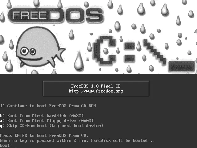 Pantalla de bienvenida del CD final de FreeDOS 1.0 arrancando en VirtualBox