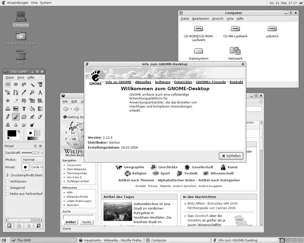 Escritorio GNOME funcionando sobre Gentoo Linux, resultado de un sistema compilado a medida