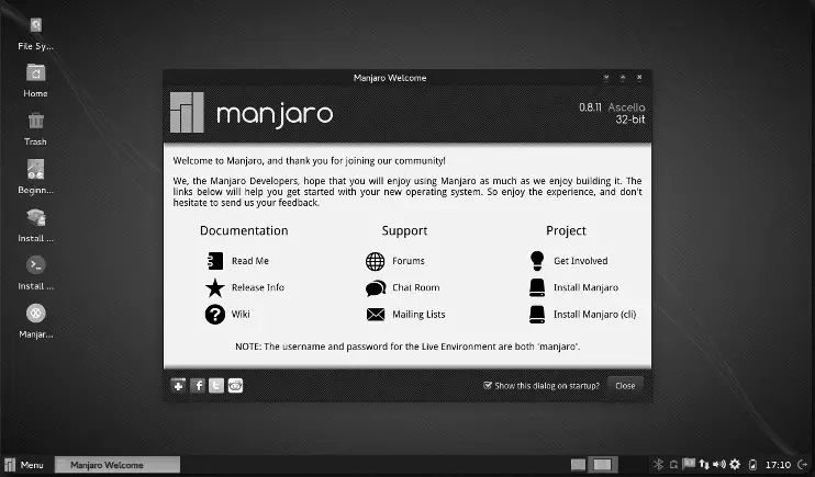 Escritorio XFCE de una versión temprana de Manjaro Linux (0.8.11)