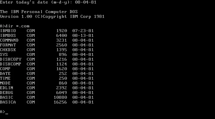 Captura de pantalla de PC DOS 1.00 mostrando un listado de directorio con el comando DIR