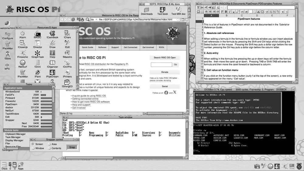 Captura del escritorio de RISC OS 5.30 con la barra de iconos inferior característica del sistema