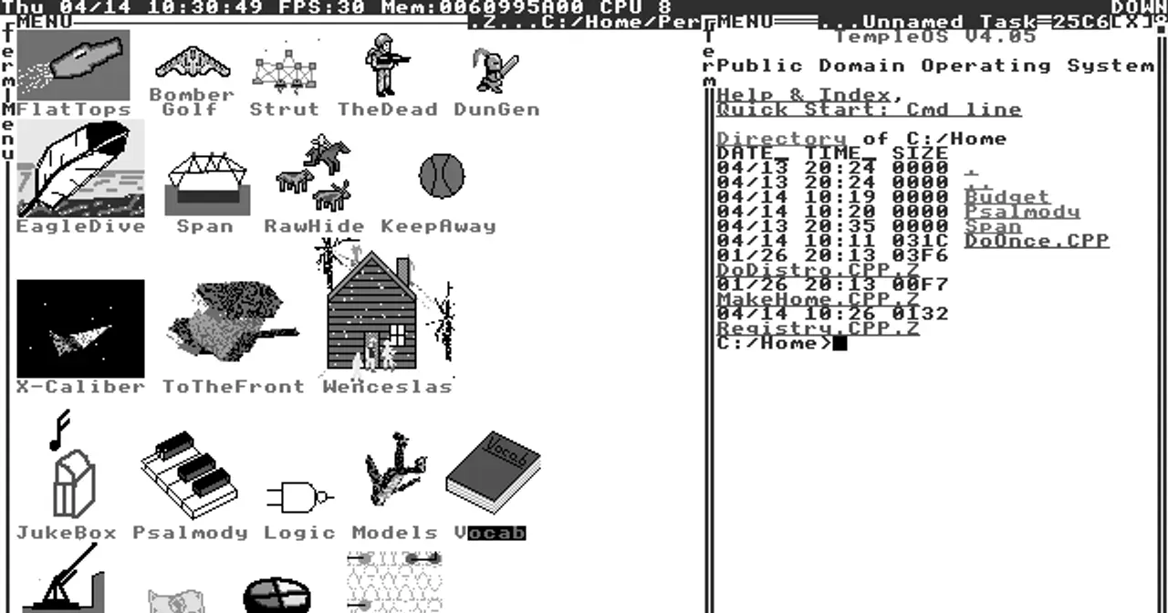 Captura de pantalla de TempleOS 4.05 mostrando el menú personal con iconos de aplicaciones y el intérprete de comandos en 640x480 y 16 colores