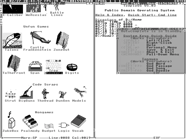 Captura de TempleOS V5.0.3 ejecutándose en VirtualBox con la lista de juegos incluidos en el sistema