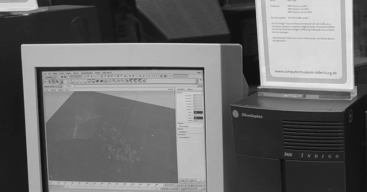 Estación de trabajo SGI de los años 90 con monitor CRT mostrando el sistema operativo IRIX