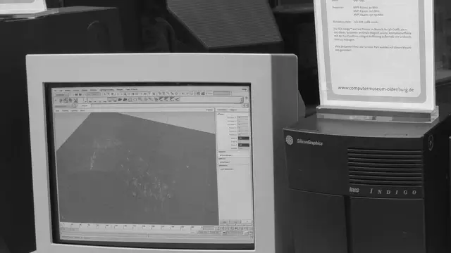 Estación de trabajo SGI de los años 90 con monitor CRT mostrando el sistema operativo IRIX