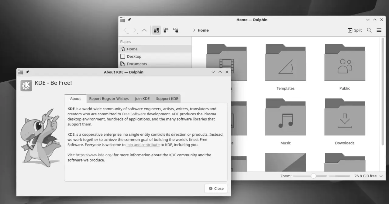 Escritorio KDE Plasma con su panel inferior y el lanzador de aplicaciones