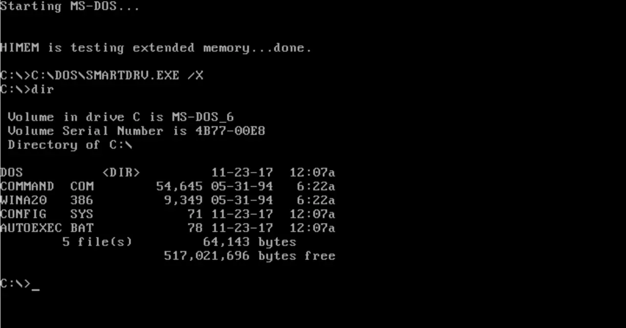 Captura de pantalla de MS-DOS 6.22 mostrando la línea de comandos sobre fondo negro