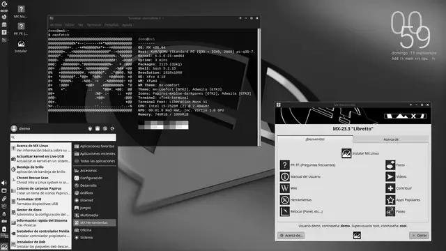 Escritorio Xfce de MX Linux con el panel lateral y las MX Tools