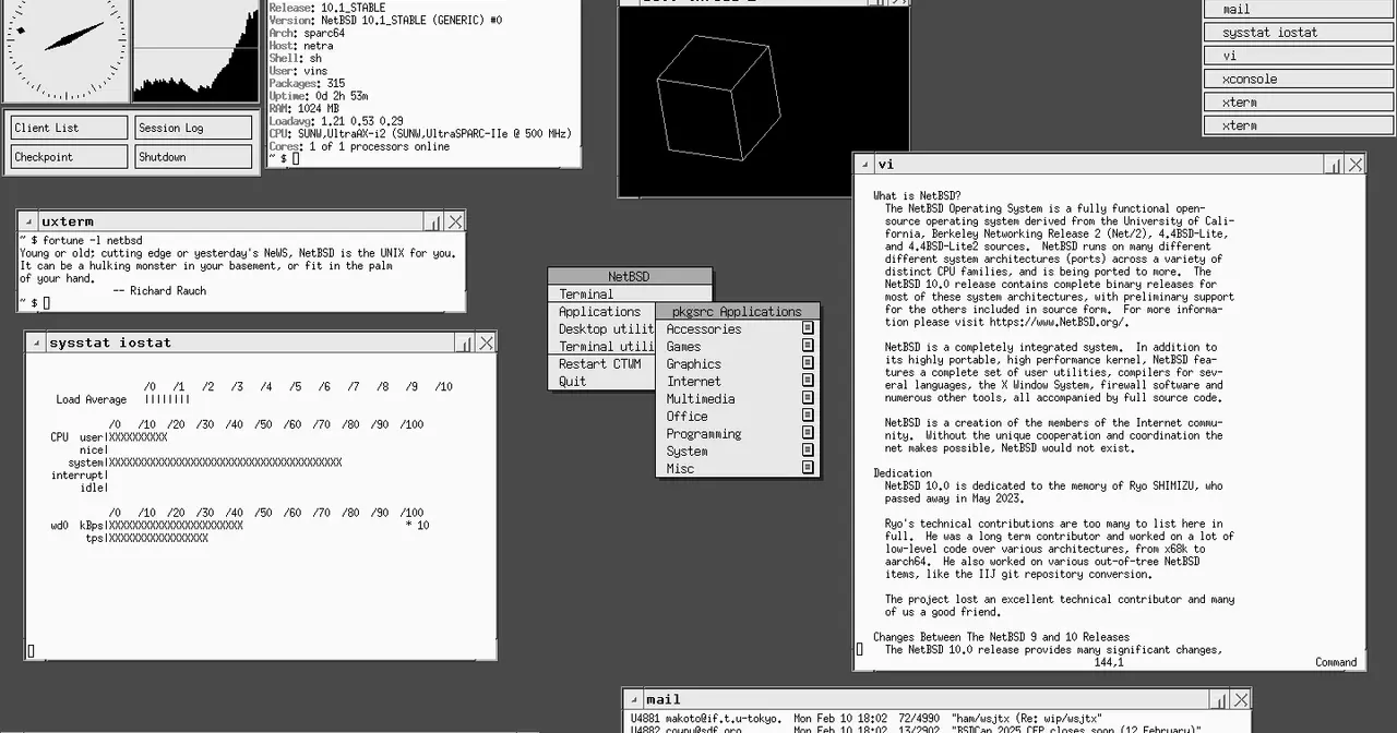 Escritorio por defecto CTWM de NetBSD 10.1 ejecutándose en una estación UltraSPARC con varias aplicaciones base abiertas
