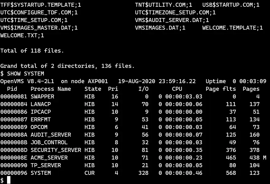 Captura de OpenVMS 8.4-2L1 ejecutando comandos DCL en un terminal