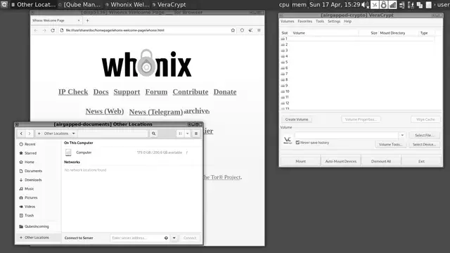 Escritorio de Qubes OS con varios qubes aislados abiertos, incluyendo el navegador Tor en una máquina virtual desechable de Whonix