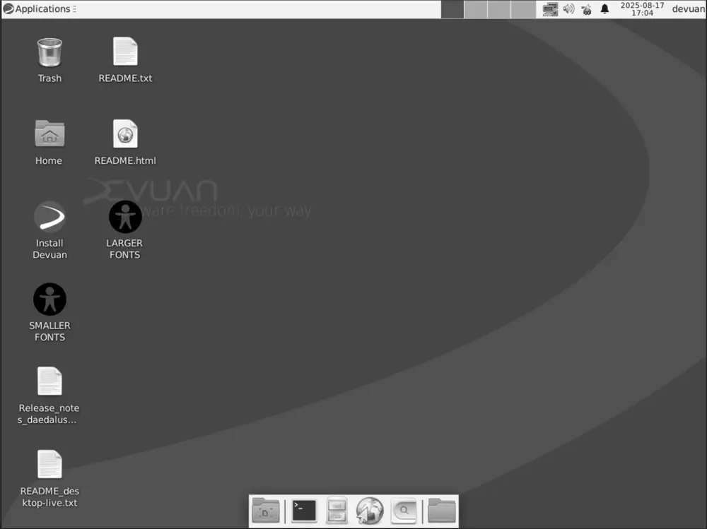 Escritorio Xfce por defecto de Devuan 5 Daedalus, la distribución que nació como fork de Debian sin systemd