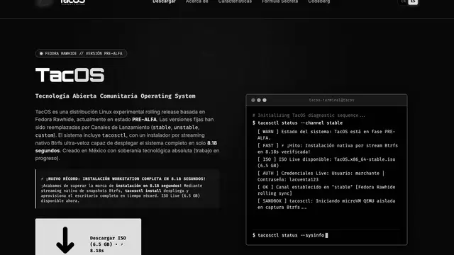 Portada de la web de TacOS, con el logotipo, el aviso de versión pre-alfa sobre Fedora Rawhide y una terminal que muestra la salida de tacosctl status