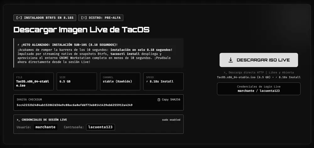 Sección de descarga de la web de TacOS con la ISO TacOS.x86_64-stable.iso de 6,5 GB, el canal stable sobre Rawhide, la suma SHA256 y las credenciales de la sesión live