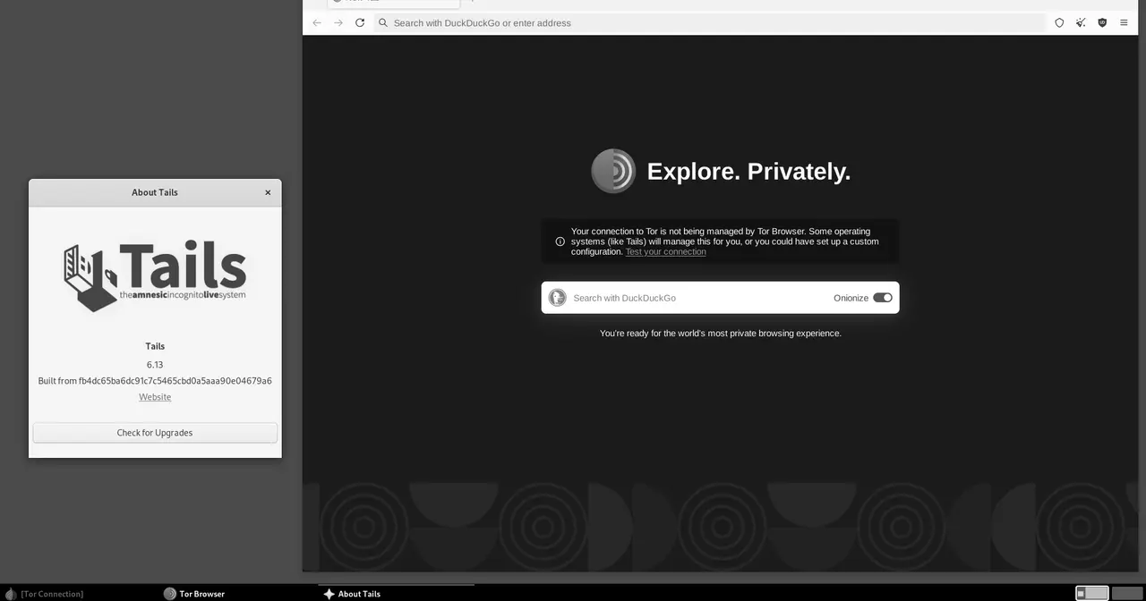 Captura del escritorio GNOME de Tails con el Tor Browser abierto