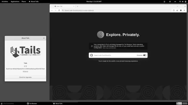 Captura del escritorio GNOME de Tails con el Tor Browser abierto