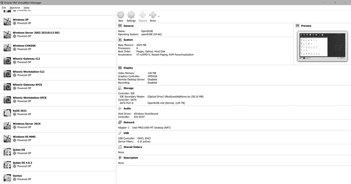 Gestor de Oracle VM VirtualBox con una lista de máquinas virtuales de varios sistemas