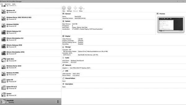 Gestor de Oracle VM VirtualBox con una lista de máquinas virtuales de varios sistemas