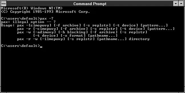 Línea de comandos de Windows NT 3.10 (build 528) ejecutando el comando pax