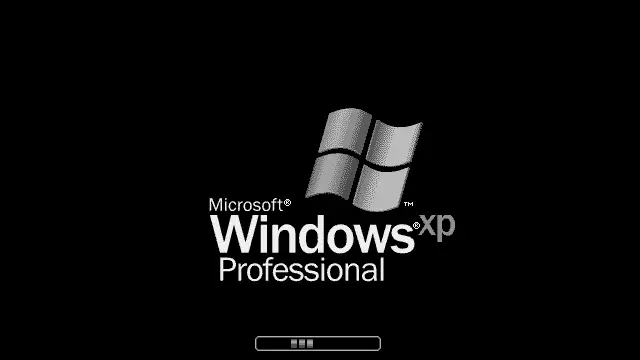 Pantalla de arranque de Windows XP Professional con el logo y la barra de progreso azul sobre fondo negro
