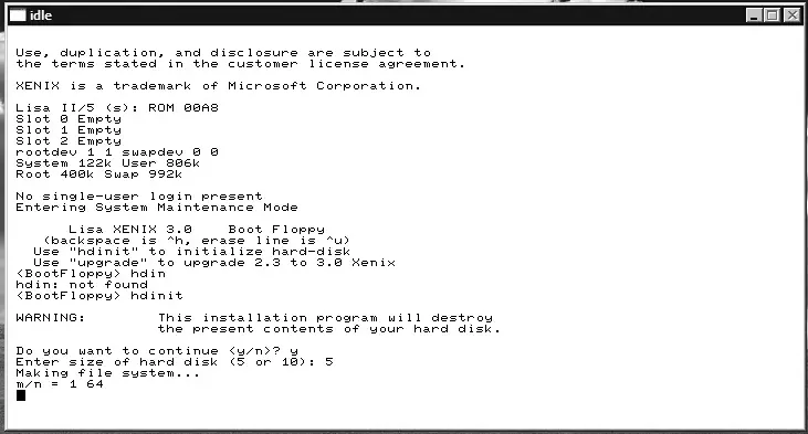 Xenix 3.0 ejecutándose en un Apple Lisa mediante emulación